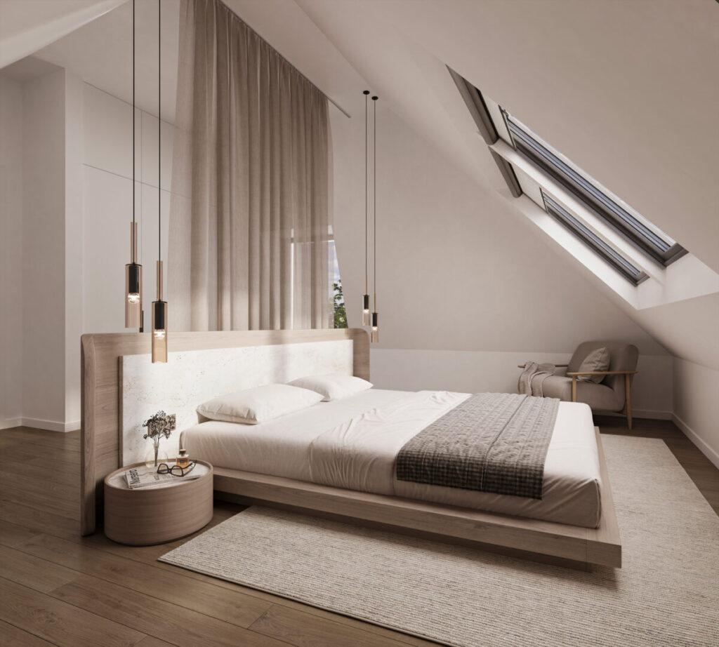 Modernes Schlafzimmer im Dachgeschoss der Stadtvilla Simeonistraße 1