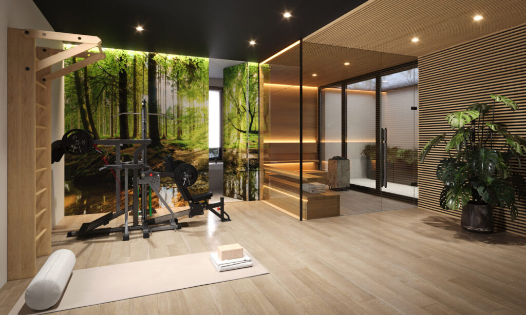 Moderner Fitnessbereich und Sauna mit Glasfront zum Außen-Patio im UG der Stadtvilla Simeonistraße 1