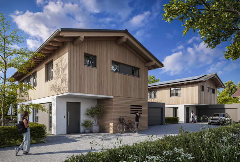 Süd-Ost-Ansicht der zwei freistehenden Einfamilienhäuser Am Betberg 5 in Weilheim mit Holzverschalung (Sonderwunsch) (Visualisierung)
