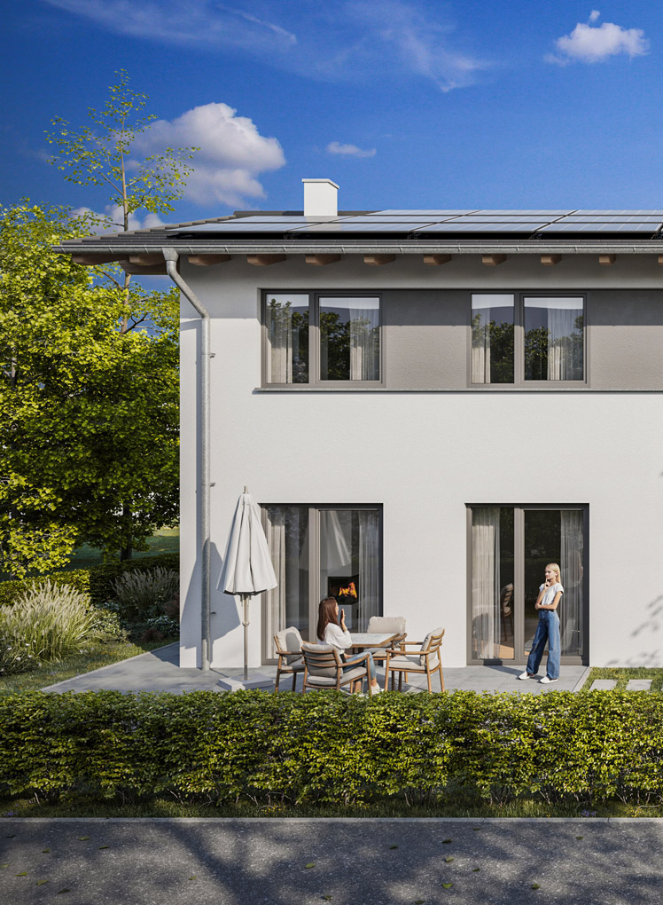 Süd-Ansicht des freistehenden Einfamilienhauses (Haus 1) Am Betberg 5 in Weilheim (Visualisierung)