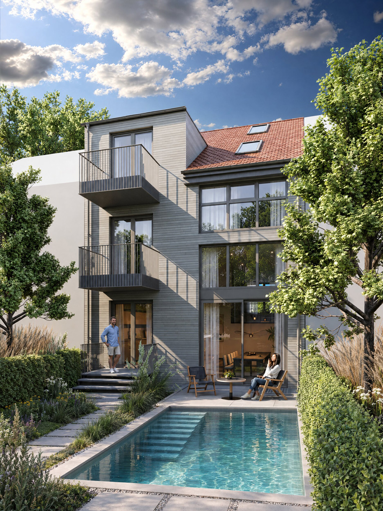 Neubau-Stadthaus Am Meisteranger in Weilheim, Visualisierung Südansicht, Fassade mit Garten